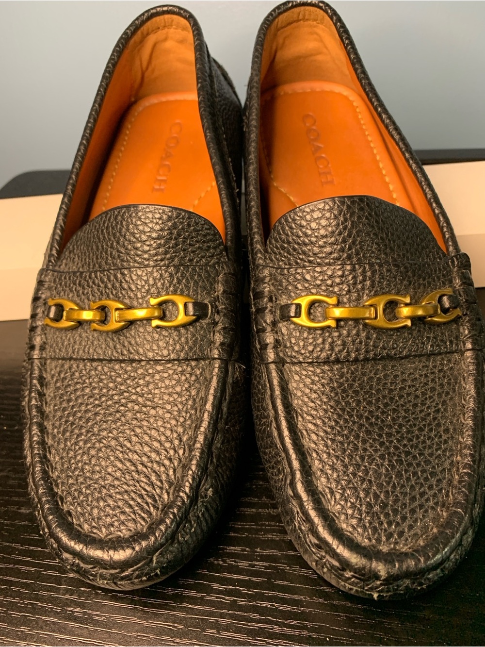 Coach Black Pebbled Leather Loafers with Gold Bit